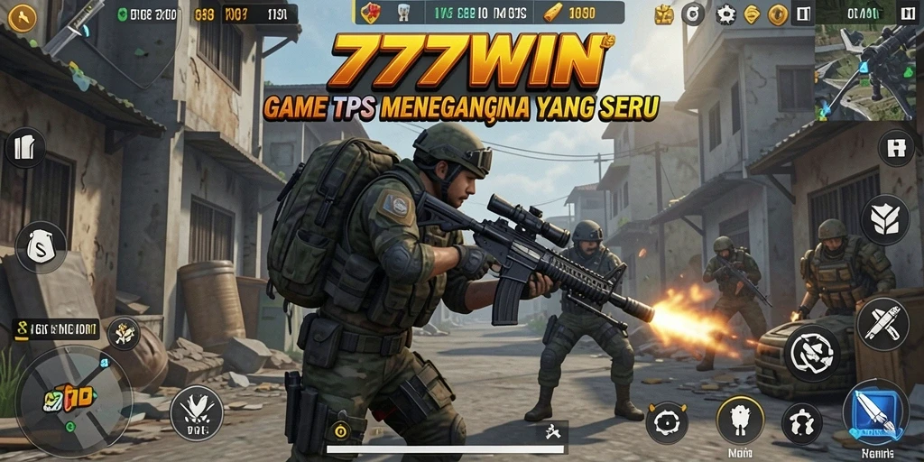 Screenshot utama 777WIN menunjukkan aksi gameplay TPS yang intens.