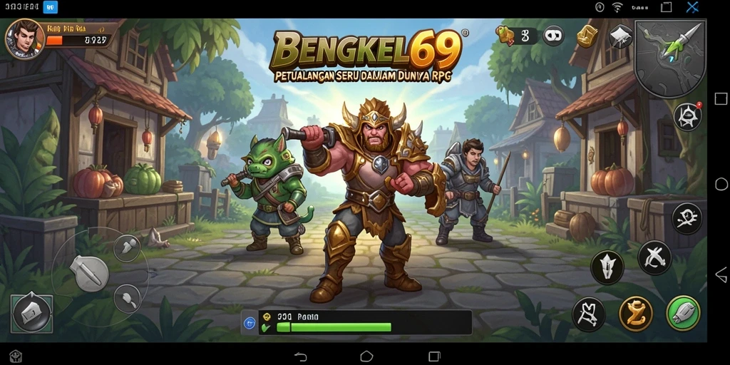 Tangkapan layar utama BENGKEL69 memperlihatkan pertempuran seru dalam dunia RPG.