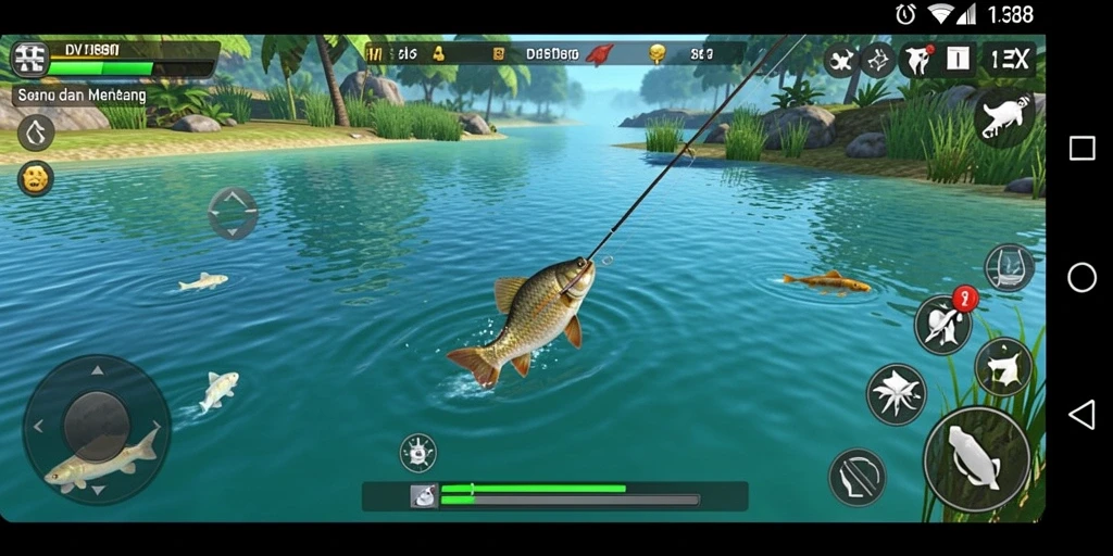 Tampilan gameplay DV188 dengan aktivitas memancing yang seru.
