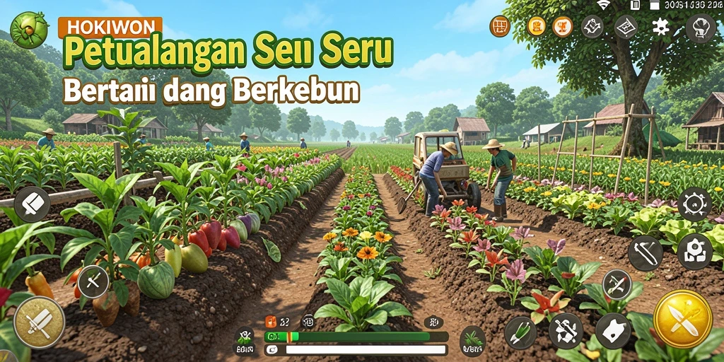 Tampilan gameplay HOKIWON yang menampilkan kebun yang indah dan produktif.