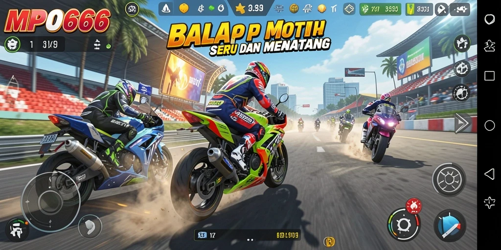 Tampilan gameplay MPO666 yang mendebarkan dalam balapan motor.
